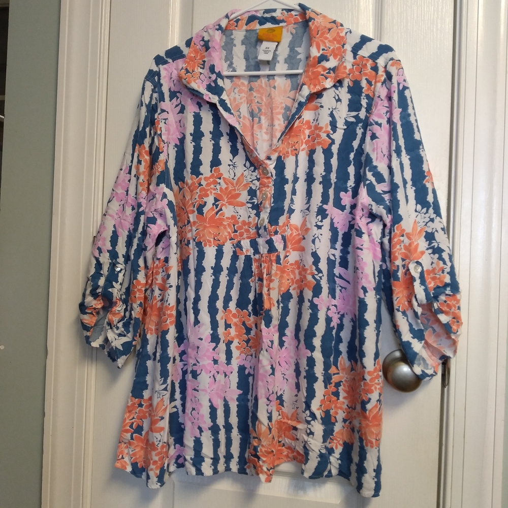 Ruby Rd Floral Striped Women's Popover Top 3X Office Casual To Dressy